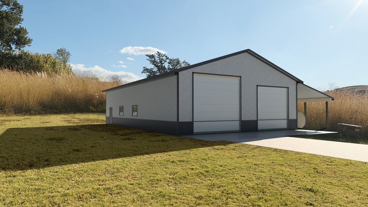 Farm shop and lean-to, exterior, path traced