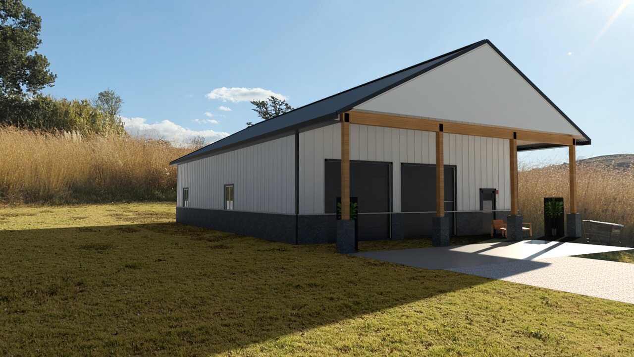 Collector’s garage and den, exterior, path traced