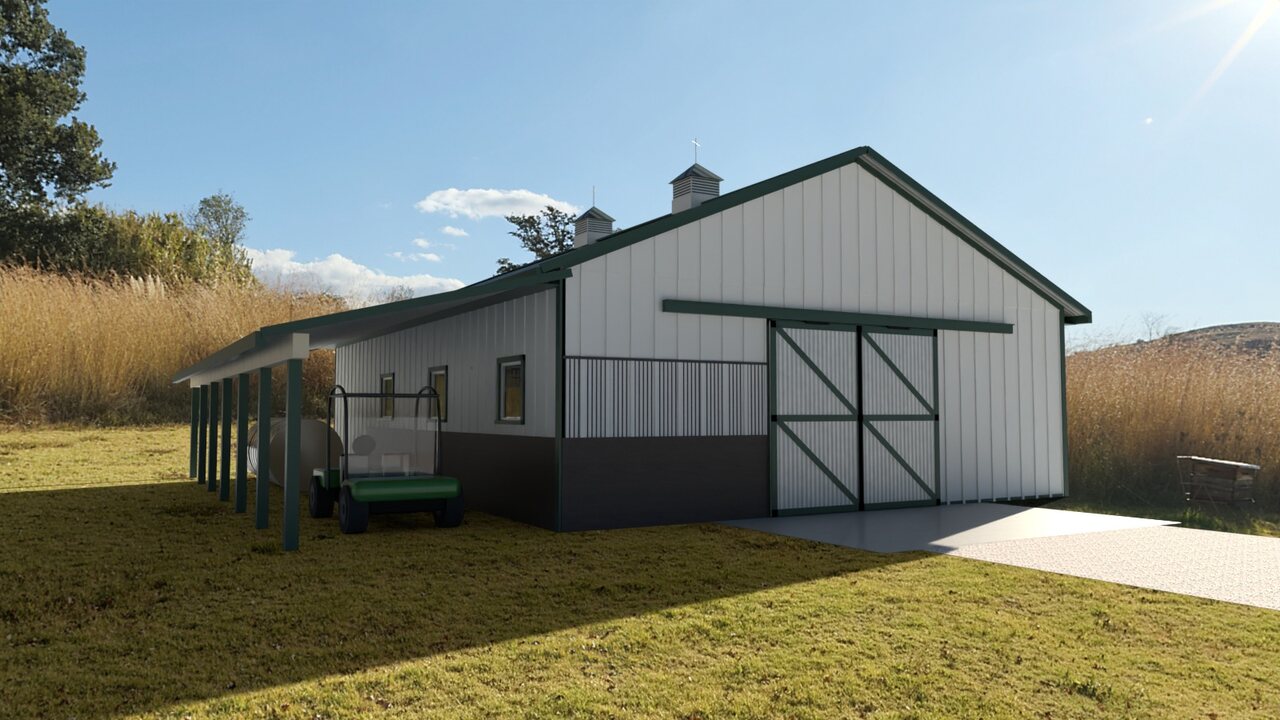 Horse and hobby barn, exterior, path traced