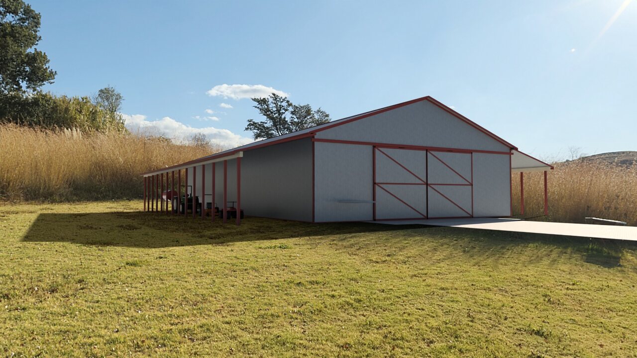Machine shed, exterior, path traced