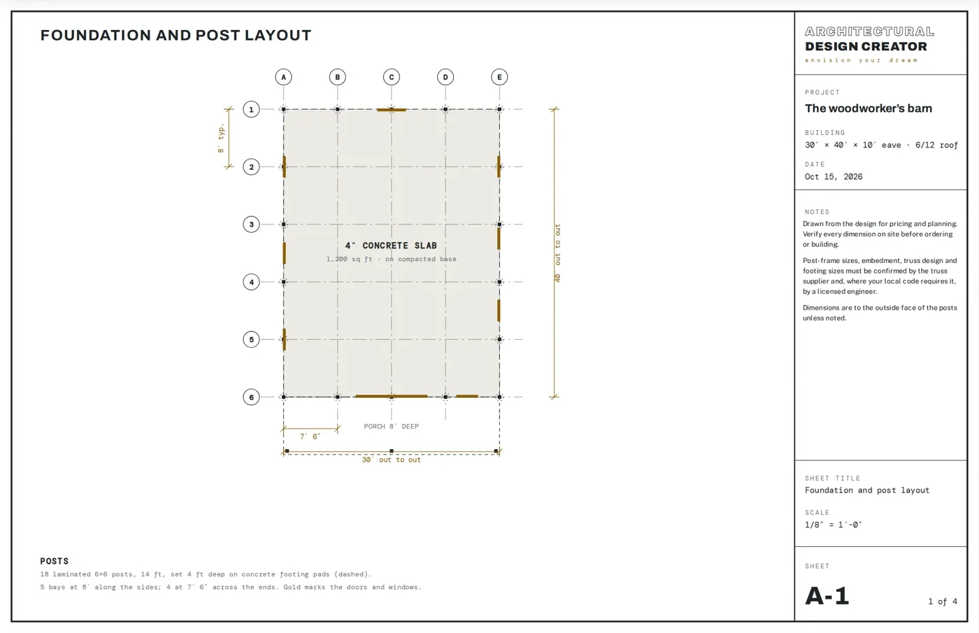 Sheet A-1, foundation and post layout, from the drawing set