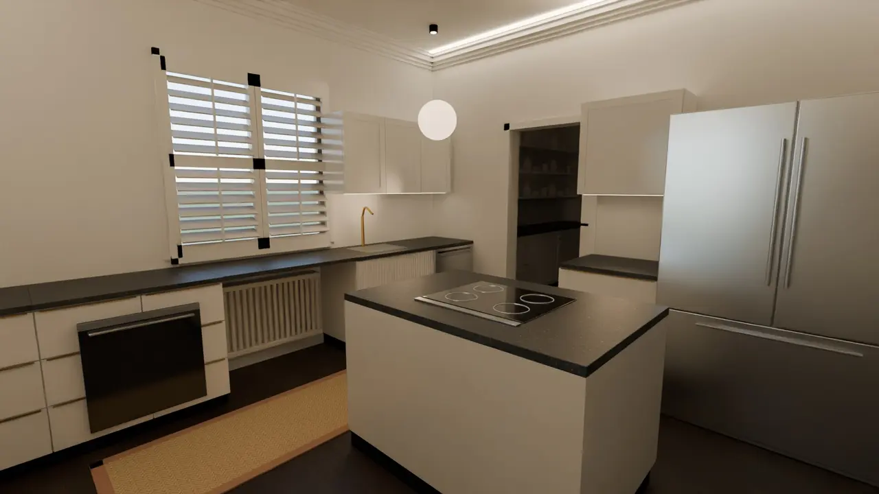 Path-traced kitchen with wenge floor and white fronts
