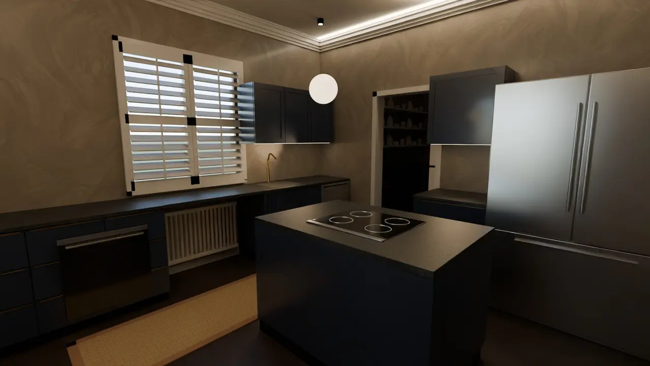 The same kitchen with smoked oak floor, ink fronts and greige plaster